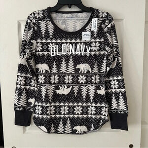 Old Navy Women Gray Logo Thermal Knit Long Sleeves Holiday‎ Print Top Small